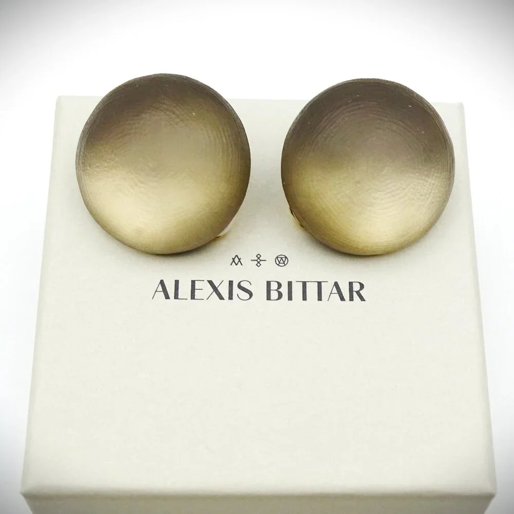 ALEXIS BITTAR  Brown/Tan Hand Carved Lucite Round Clip Earrings - Picture 5 of 6